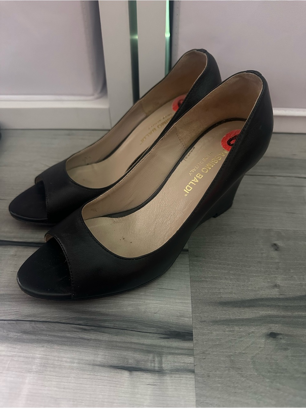 Black Peep-Toe Wedge Pumps